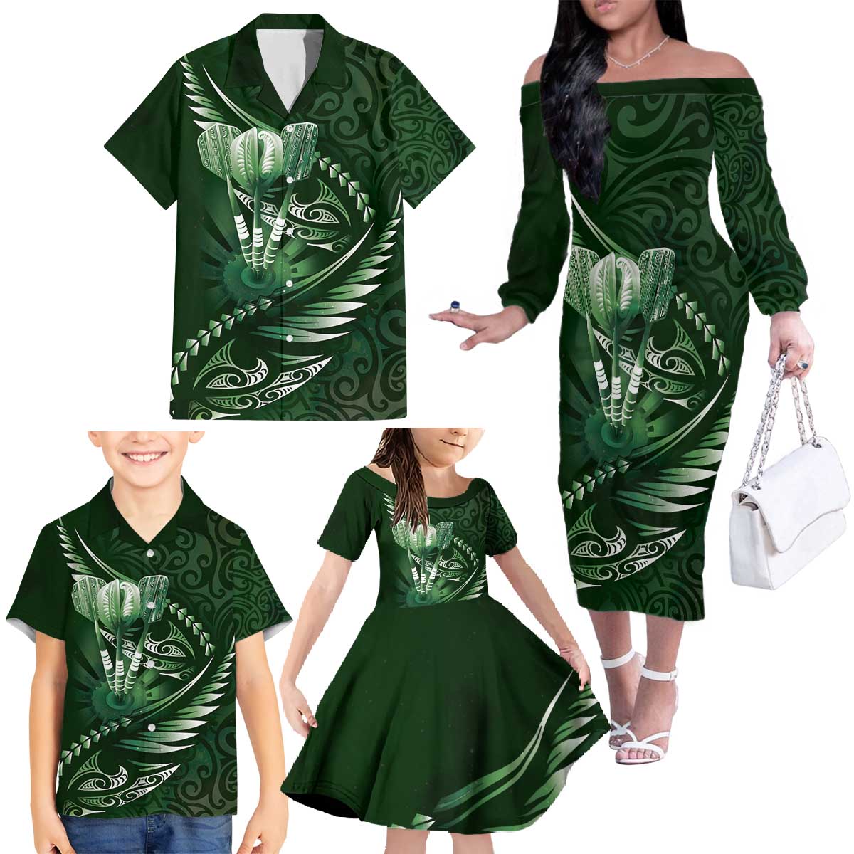 Personalised All Green New Zealand Darts Family Matching Off The Shoulder Long Sleeve Dress and Hawaiian Shirt Aoteroa Fern Maori Galaxy Style LT14 - Polynesian Pride