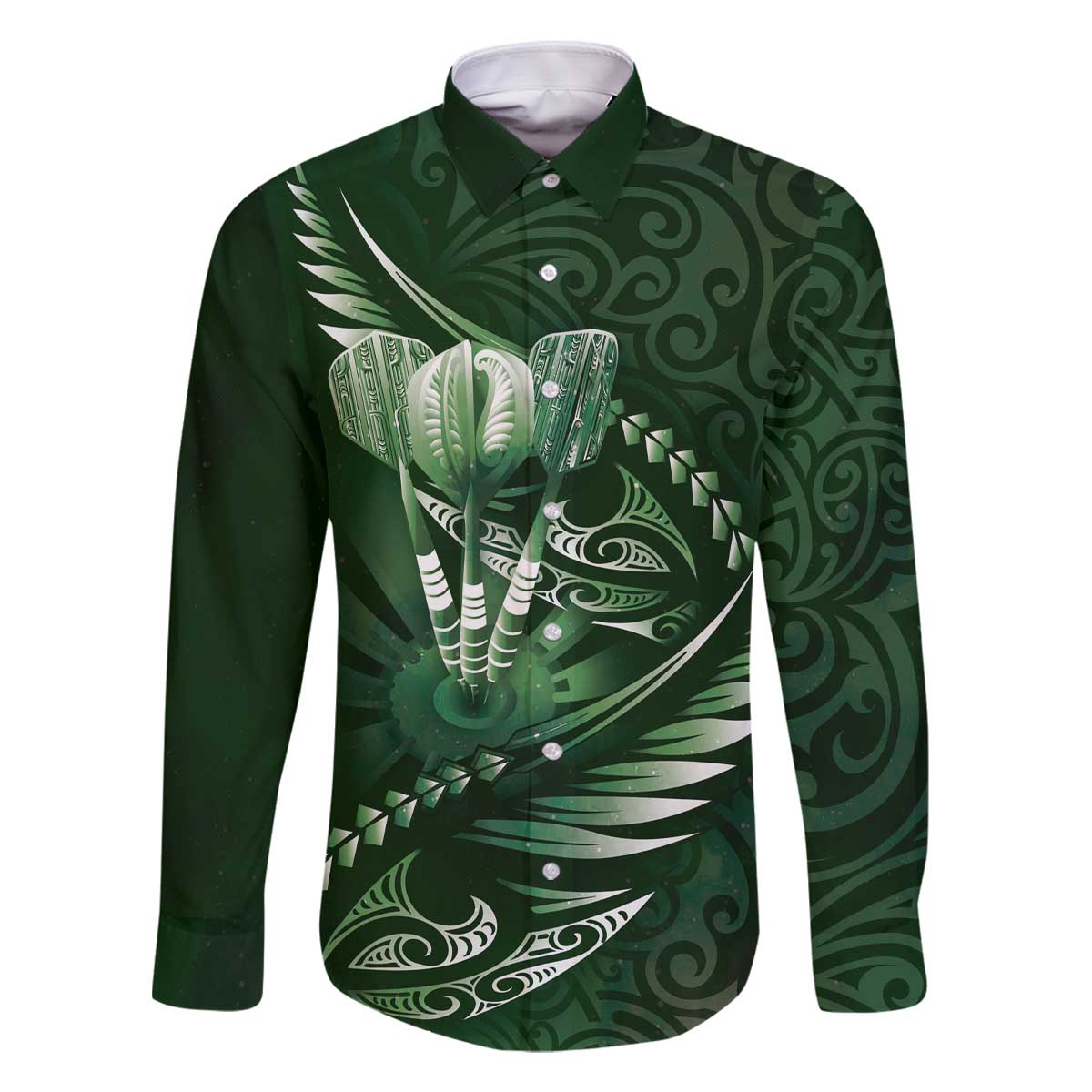 Personalised All Green New Zealand Darts Family Matching Off The Shoulder Long Sleeve Dress and Hawaiian Shirt Aoteroa Fern Maori Galaxy Style LT14 Dad's Shirt - Long Sleeve Green - Polynesian Pride