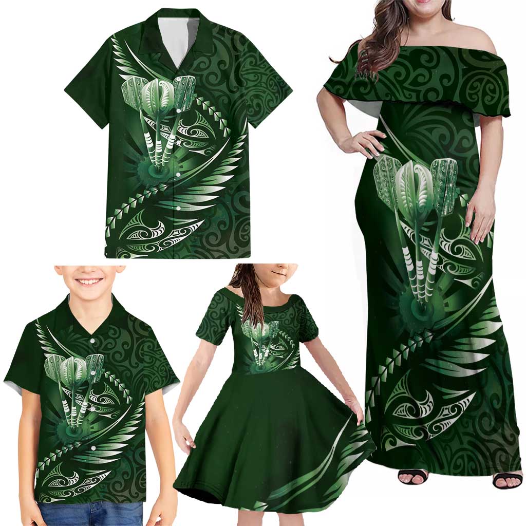 Personalised All Green New Zealand Darts Family Matching Off Shoulder Maxi Dress and Hawaiian Shirt Aoteroa Fern Maori Galaxy Style