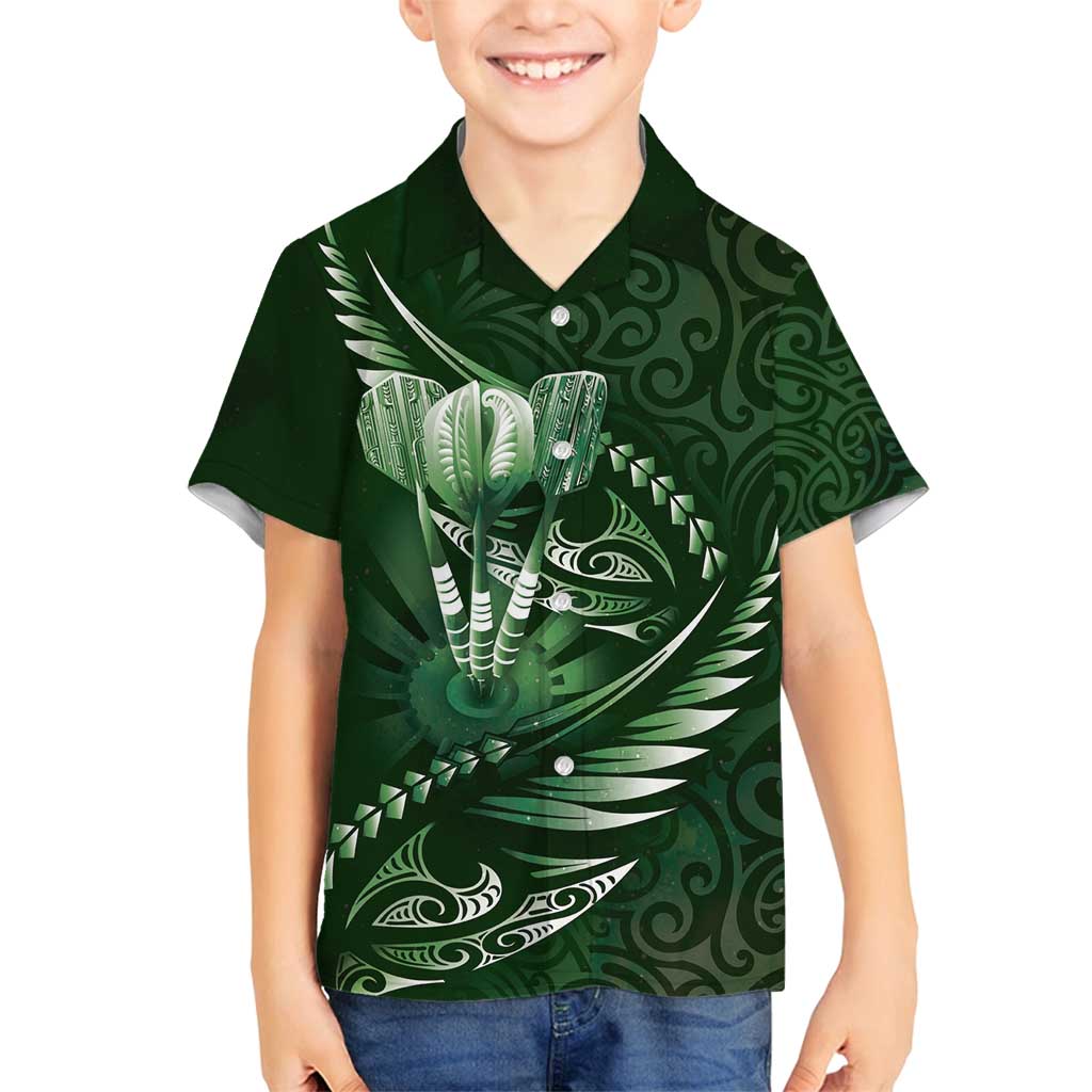 Personalised All Green New Zealand Darts Family Matching Off Shoulder Maxi Dress and Hawaiian Shirt Aoteroa Fern Maori Galaxy Style LT14 Son's Shirt Green - Polynesian Pride