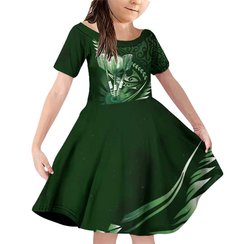 Personalised All Green New Zealand Darts Family Matching Off Shoulder Short Dress and Hawaiian Shirt Aoteroa Fern Maori Galaxy Style LT14 Daughter's Dress Green - Polynesian Pride