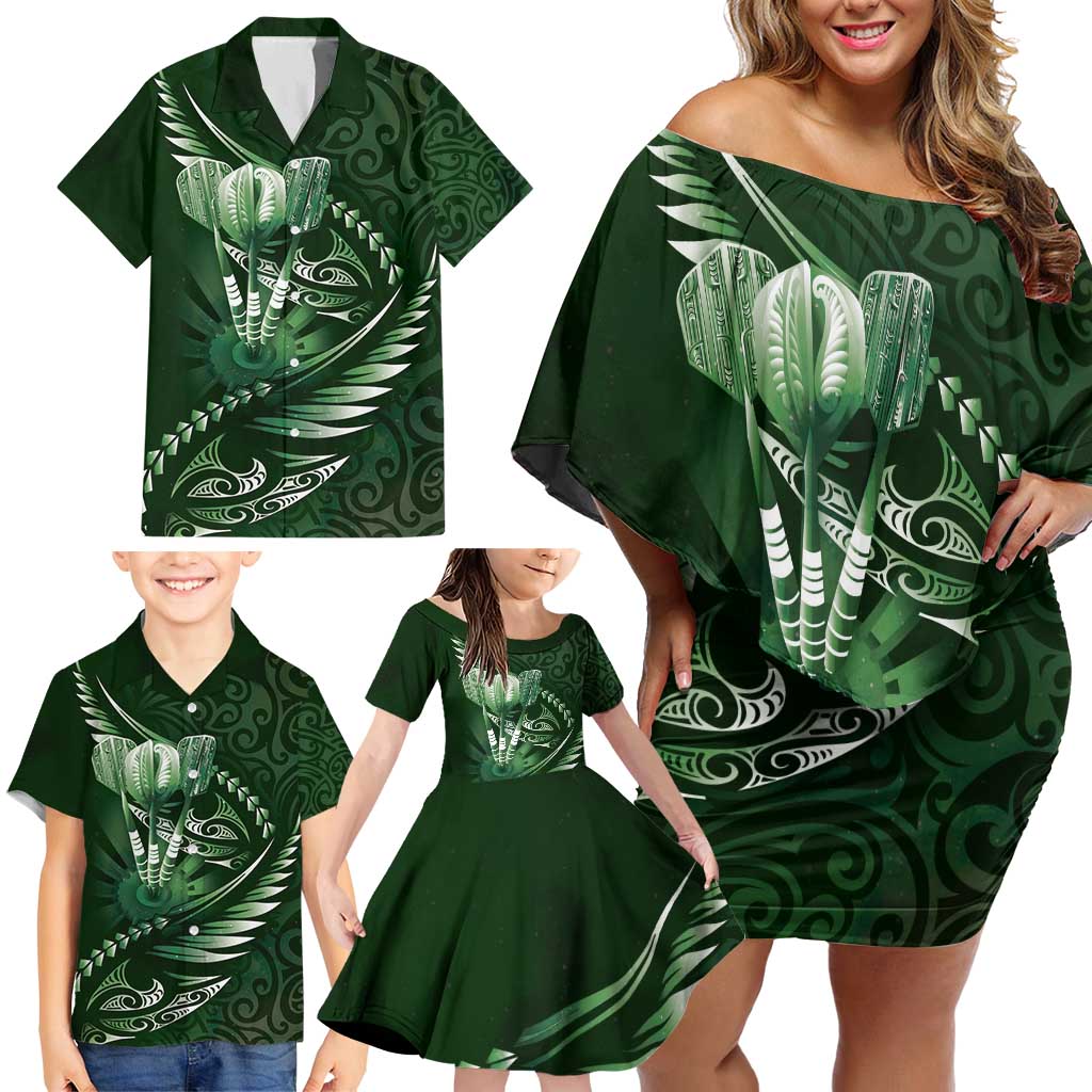 Personalised All Green New Zealand Darts Family Matching Off Shoulder Short Dress and Hawaiian Shirt Aoteroa Fern Maori Galaxy Style