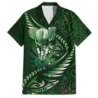Personalised All Green New Zealand Darts Family Matching Off Shoulder Short Dress and Hawaiian Shirt Aoteroa Fern Maori Galaxy Style LT14 Dad's Shirt - Short Sleeve Green - Polynesian Pride