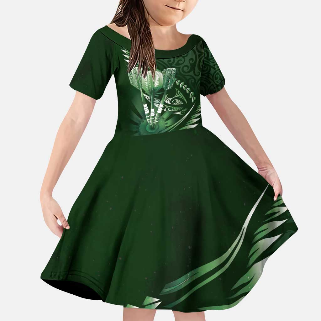 Personalised All Green New Zealand Darts Family Matching Puletasi and Hawaiian Shirt Aoteroa Fern Maori Galaxy Style LT14 Daughter's Dress Green - Polynesian Pride
