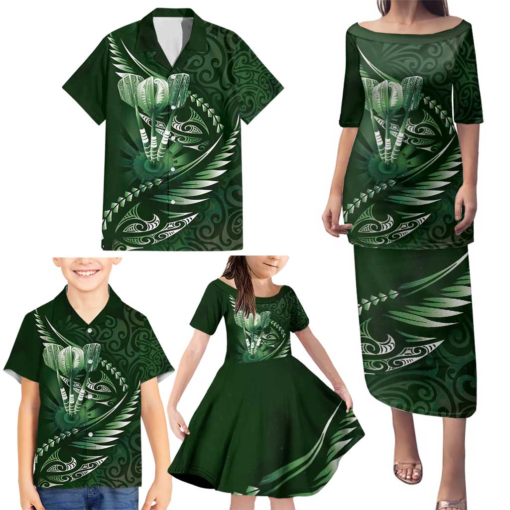 Personalised All Green New Zealand Darts Family Matching Puletasi and Hawaiian Shirt Aoteroa Fern Maori Galaxy Style