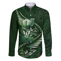 Personalised All Green New Zealand Darts Family Matching Puletasi and Hawaiian Shirt Aoteroa Fern Maori Galaxy Style LT14 Dad's Shirt - Long Sleeve Green - Polynesian Pride