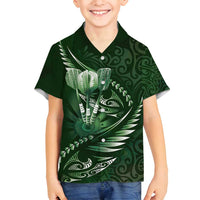 Personalised All Green New Zealand Darts Family Matching Puletasi and Hawaiian Shirt Aoteroa Fern Maori Galaxy Style LT14 Son's Shirt Green - Polynesian Pride