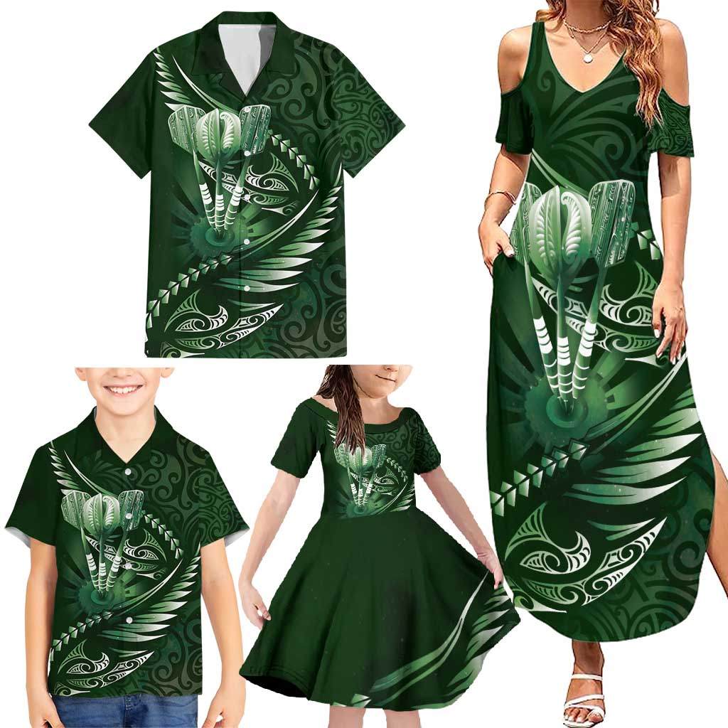 Personalised All Green New Zealand Darts Family Matching Summer Maxi Dress and Hawaiian Shirt Aoteroa Fern Maori Galaxy Style