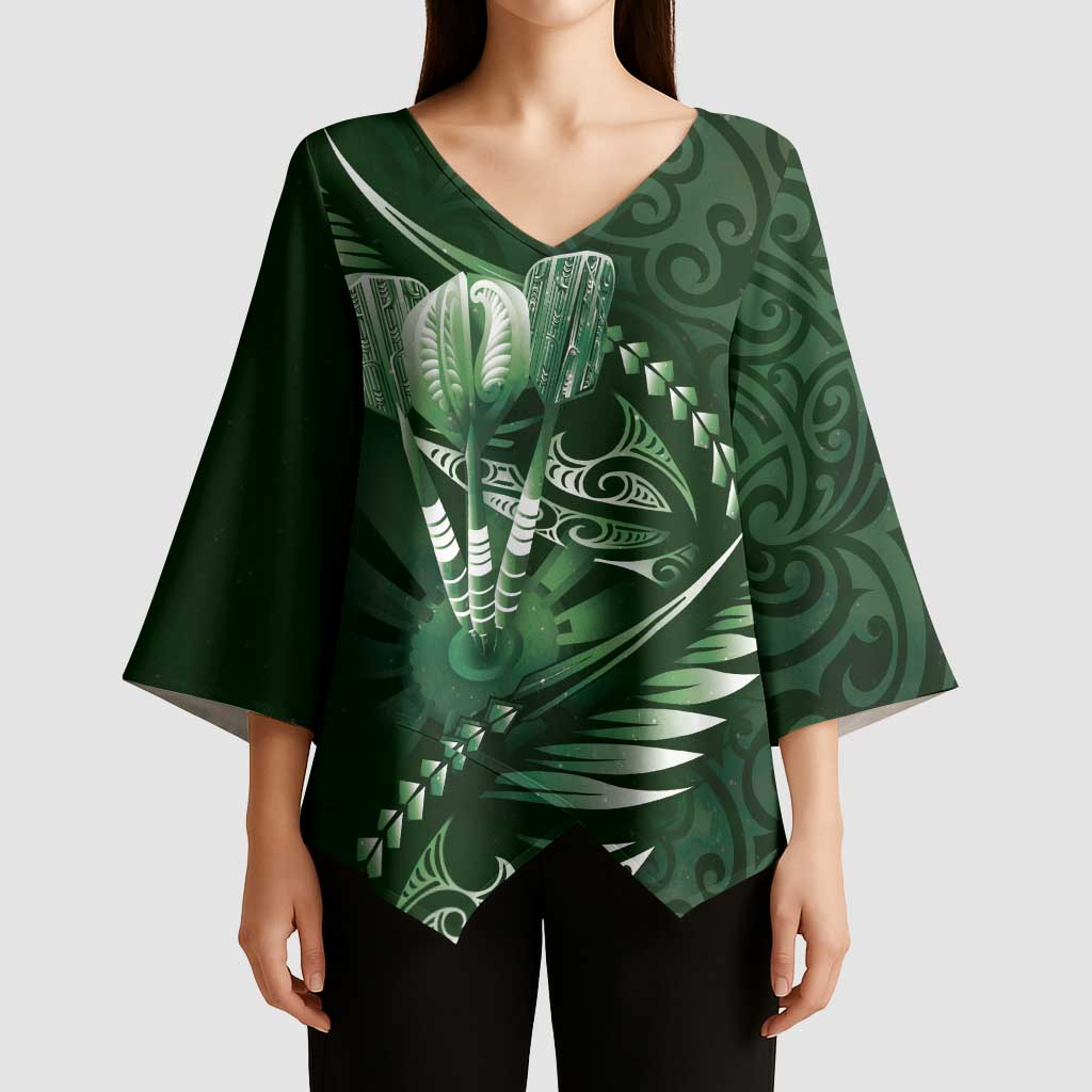 Personalised All Green New Zealand Darts Kimono Sleeve Blouse Aoteroa Fern Maori Galaxy Style - Polynesian Pride