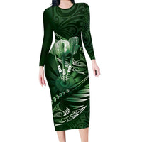 Personalised All Green New Zealand Darts Long Sleeve Bodycon Dress Aoteroa Fern Maori Galaxy Style