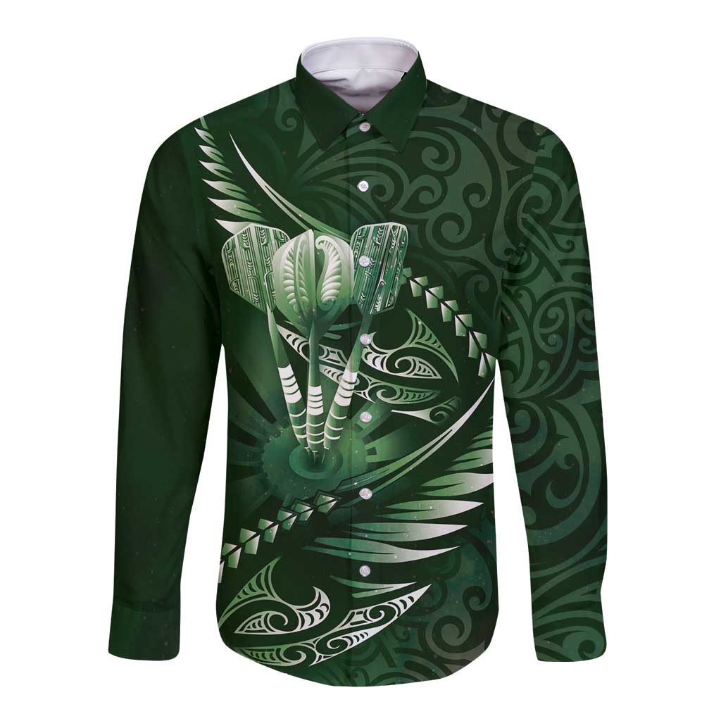 Personalised All Green New Zealand Darts Long Sleeve Button Shirt Aoteroa Fern Maori Galaxy Style LT14 Unisex Green - Polynesian Pride