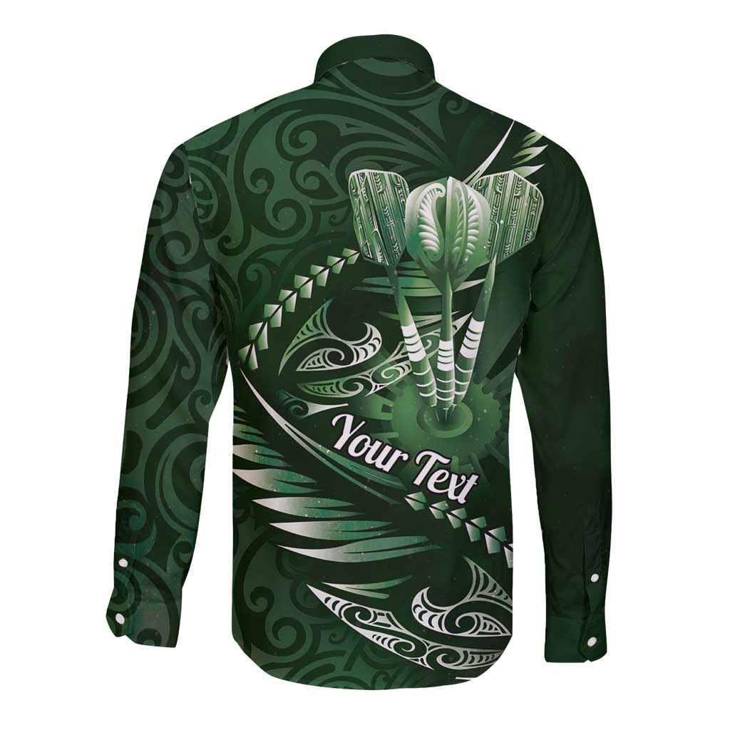 Personalised All Green New Zealand Darts Long Sleeve Button Shirt Aoteroa Fern Maori Galaxy Style LT14 - Polynesian Pride