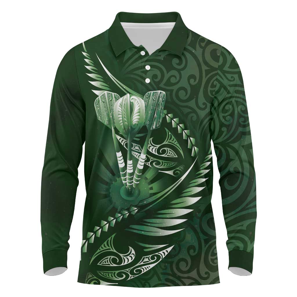 Personalised All Green New Zealand Darts Long Sleeve Polo Shirt Aoteroa Fern Maori Galaxy Style