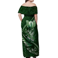 Personalised All Green New Zealand Darts Off Shoulder Maxi Dress Aoteroa Fern Maori Galaxy Style LT14 - Polynesian Pride