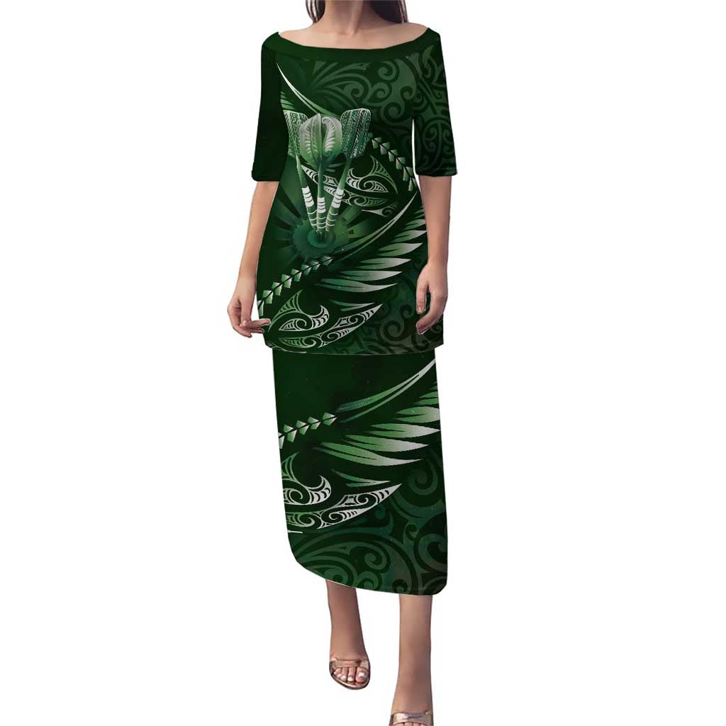 Personalised All Green New Zealand Darts Puletasi Aoteroa Fern Maori Galaxy Style LT14 Long Dress Green - Polynesian Pride