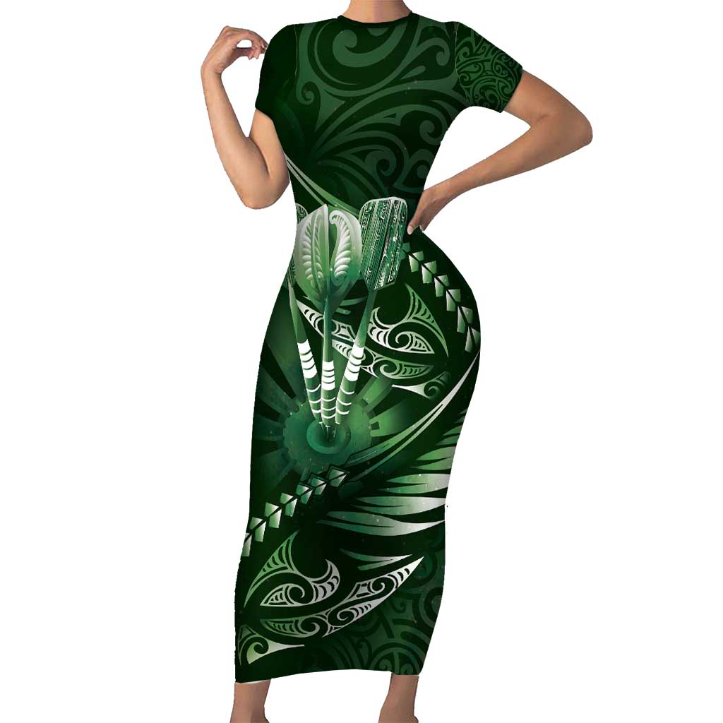 Personalised All Green New Zealand Darts Short Sleeve Bodycon Dress Aoteroa Fern Maori Galaxy Style