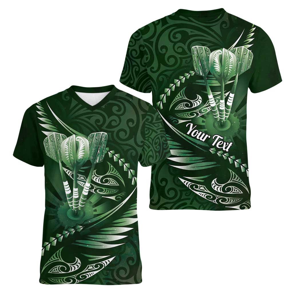 Personalised All Green New Zealand Darts Women V-Neck T-Shirt Aoteroa Fern Maori Galaxy Style LT14 - Polynesian Pride