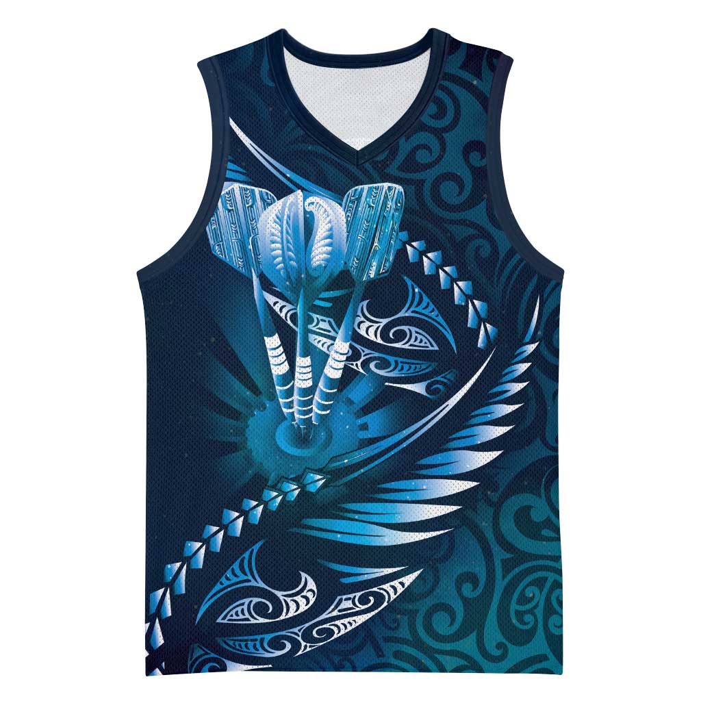 Personalised All Blue New Zealand Darts Basketball Jersey Aoteroa Fern Maori Galaxy Style - Polynesian Pride