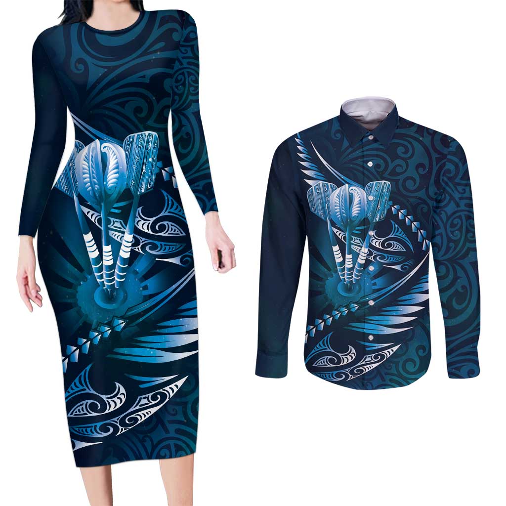 Personalised All Blue New Zealand Darts Couples Matching Long Sleeve Bodycon Dress and Long Sleeve Button Shirt Aoteroa Fern Maori Galaxy Style LT14 Blue - Polynesian Pride