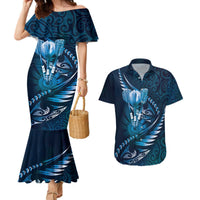Personalised All Blue New Zealand Darts Couples Matching Mermaid Dress and Hawaiian Shirt Aoteroa Fern Maori Galaxy Style LT14 Blue - Polynesian Pride