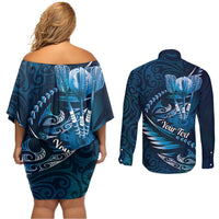 Personalised All Blue New Zealand Darts Couples Matching Off Shoulder Short Dress and Long Sleeve Button Shirt Aoteroa Fern Maori Galaxy Style LT14 - Polynesian Pride