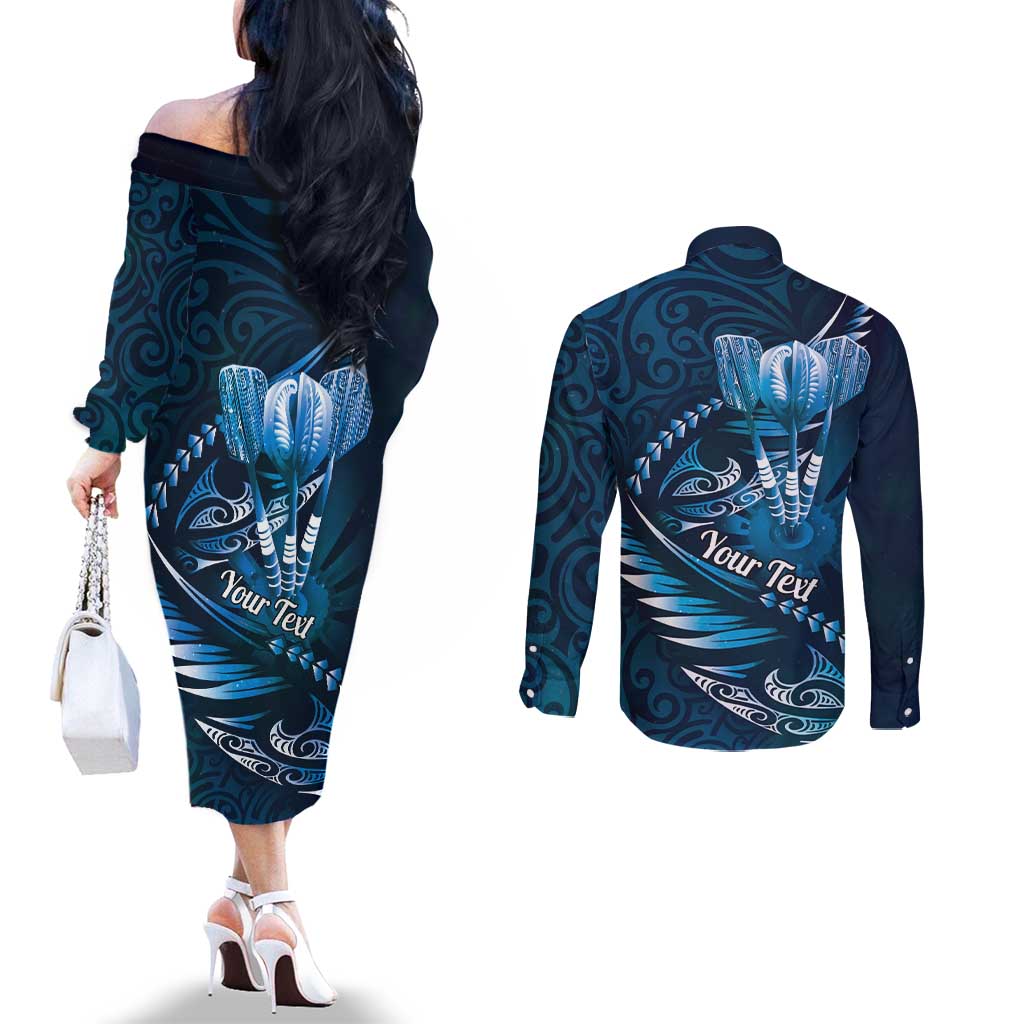 Personalised All Blue New Zealand Darts Couples Matching Off The Shoulder Long Sleeve Dress and Long Sleeve Button Shirt Aoteroa Fern Maori Galaxy Style LT14 - Polynesian Pride