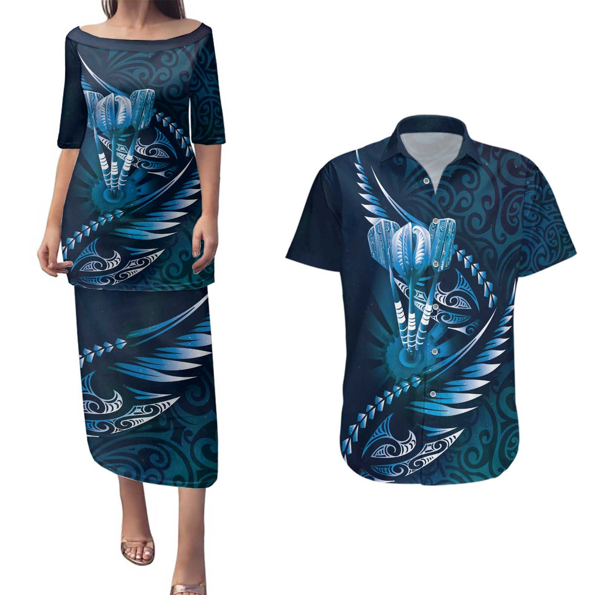 Personalised All Blue New Zealand Darts Couples Matching Puletasi and Hawaiian Shirt Aoteroa Fern Maori Galaxy Style LT14 Blue - Polynesian Pride