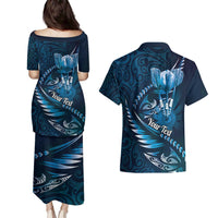 Personalised All Blue New Zealand Darts Couples Matching Puletasi and Hawaiian Shirt Aoteroa Fern Maori Galaxy Style LT14 - Polynesian Pride