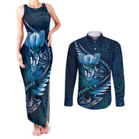 Personalised All Blue New Zealand Darts Couples Matching Tank Maxi Dress and Long Sleeve Button Shirt Aoteroa Fern Maori Galaxy Style LT14 Blue - Polynesian Pride