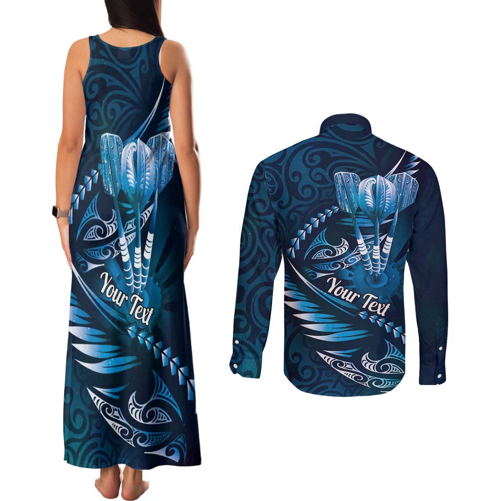 Personalised All Blue New Zealand Darts Couples Matching Tank Maxi Dress and Long Sleeve Button Shirt Aoteroa Fern Maori Galaxy Style LT14 - Polynesian Pride