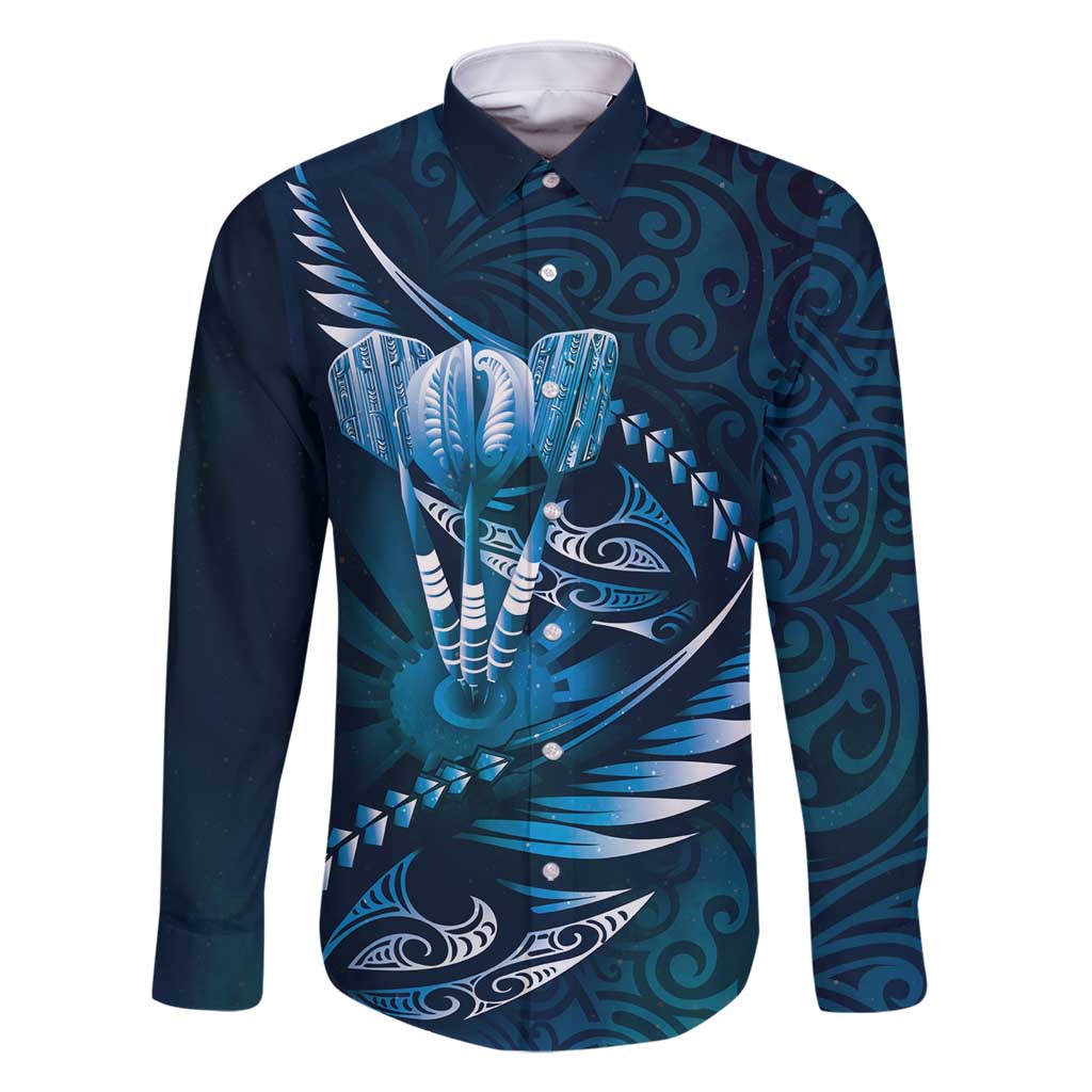 Personalised All Blue New Zealand Darts Family Matching Long Sleeve Bodycon Dress and Hawaiian Shirt Aoteroa Fern Maori Galaxy Style LT14 Dad's Shirt - Long Sleeve Blue - Polynesian Pride