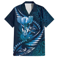 Personalised All Blue New Zealand Darts Family Matching Off The Shoulder Long Sleeve Dress and Hawaiian Shirt Aoteroa Fern Maori Galaxy Style LT14 Dad's Shirt - Short Sleeve Blue - Polynesian Pride