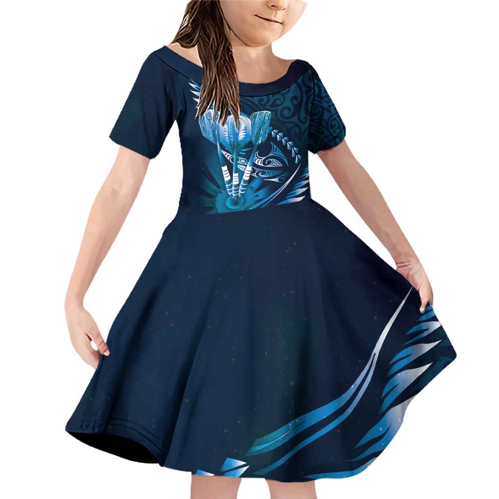 Personalised All Blue New Zealand Darts Family Matching Off Shoulder Short Dress and Hawaiian Shirt Aoteroa Fern Maori Galaxy Style LT14 Daughter's Dress Blue - Polynesian Pride