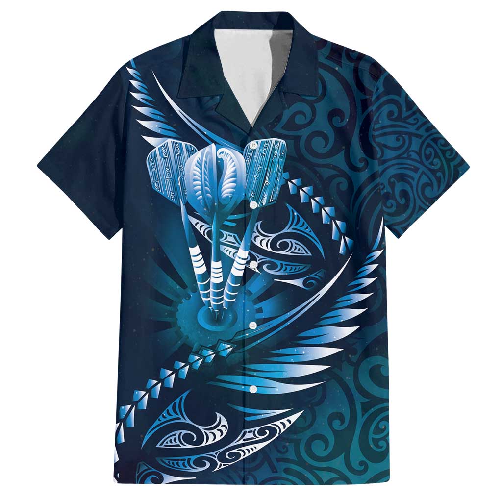 Personalised All Blue New Zealand Darts Family Matching Off Shoulder Short Dress and Hawaiian Shirt Aoteroa Fern Maori Galaxy Style LT14 Dad's Shirt - Short Sleeve Blue - Polynesian Pride