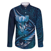 Personalised All Blue New Zealand Darts Family Matching Off Shoulder Short Dress and Hawaiian Shirt Aoteroa Fern Maori Galaxy Style LT14 Dad's Shirt - Long Sleeve Blue - Polynesian Pride