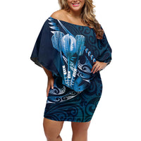 Personalised All Blue New Zealand Darts Family Matching Off Shoulder Short Dress and Hawaiian Shirt Aoteroa Fern Maori Galaxy Style LT14 Mom's Dress Blue - Polynesian Pride