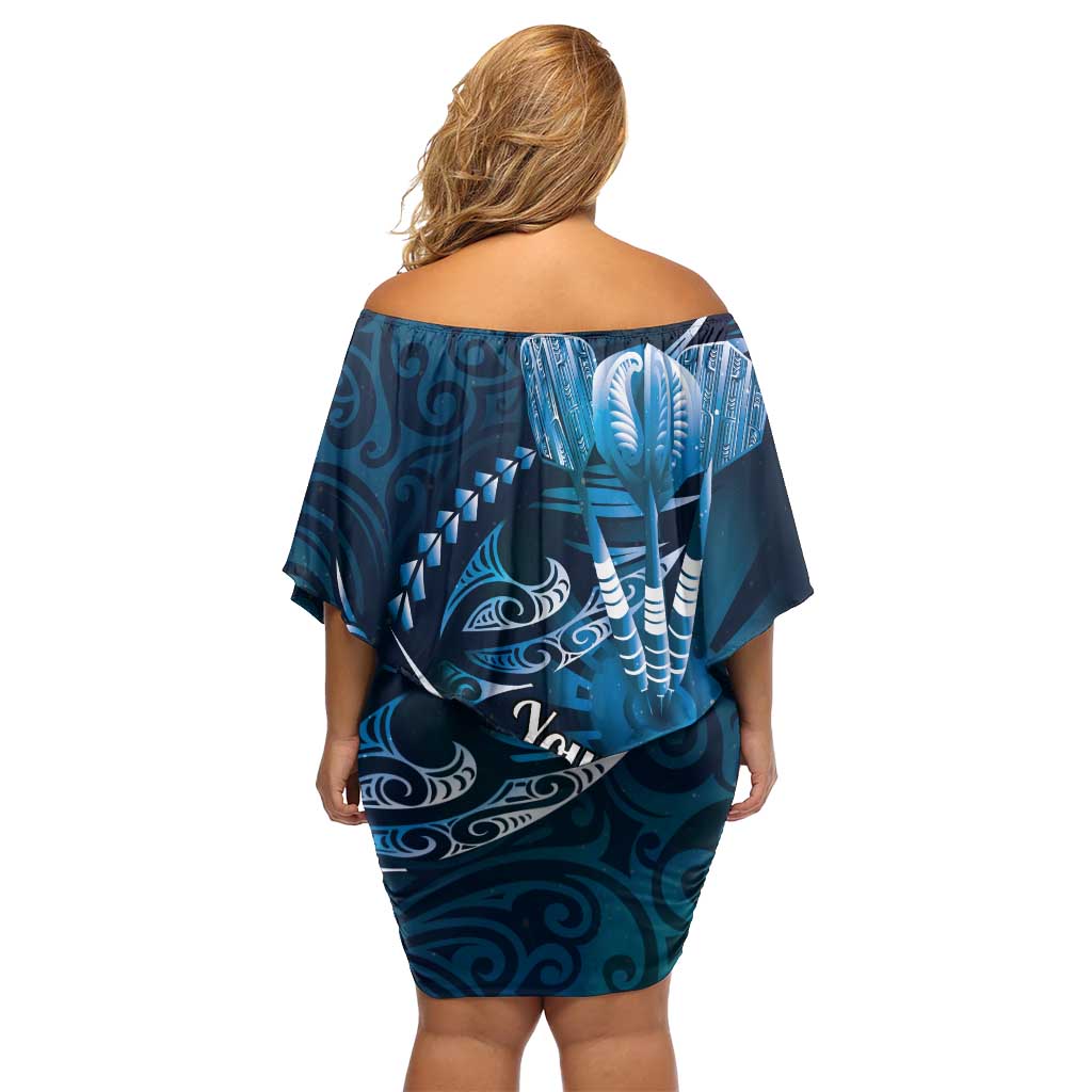 Personalised All Blue New Zealand Darts Family Matching Off Shoulder Short Dress and Hawaiian Shirt Aoteroa Fern Maori Galaxy Style LT14 - Polynesian Pride