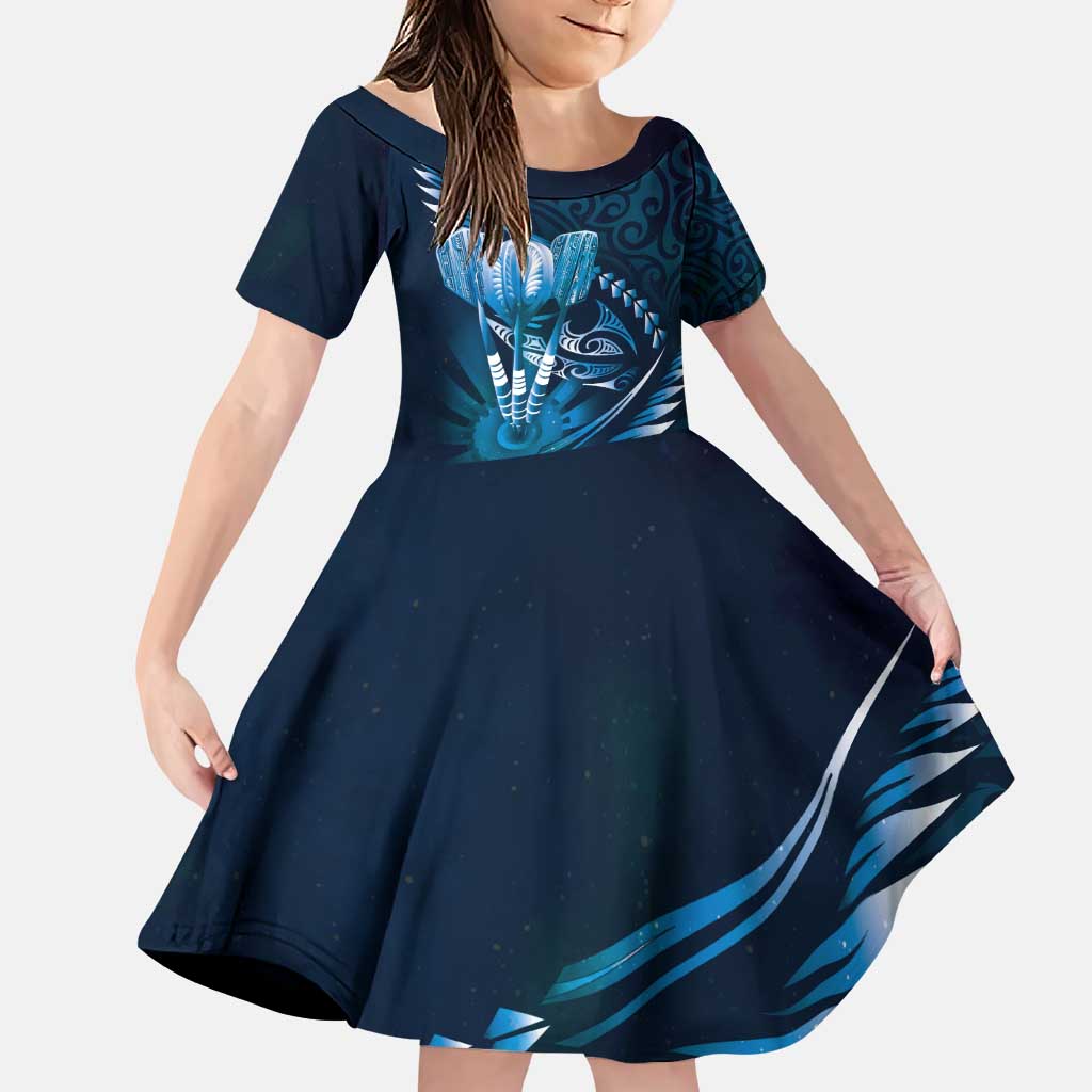 Personalised All Blue New Zealand Darts Family Matching Puletasi and Hawaiian Shirt Aoteroa Fern Maori Galaxy Style LT14 Daughter's Dress Blue - Polynesian Pride
