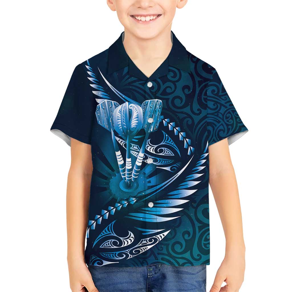 Personalised All Blue New Zealand Darts Family Matching Puletasi and Hawaiian Shirt Aoteroa Fern Maori Galaxy Style LT14 Son's Shirt Blue - Polynesian Pride