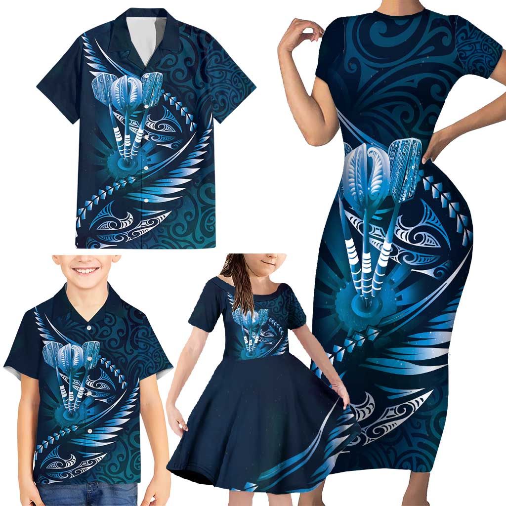 Personalised All Blue New Zealand Darts Family Matching Short Sleeve Bodycon Dress and Hawaiian Shirt Aoteroa Fern Maori Galaxy Style LT14 - Polynesian Pride