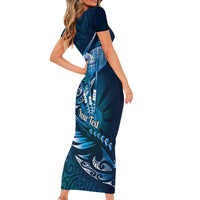 Personalised All Blue New Zealand Darts Family Matching Short Sleeve Bodycon Dress and Hawaiian Shirt Aoteroa Fern Maori Galaxy Style LT14 - Polynesian Pride