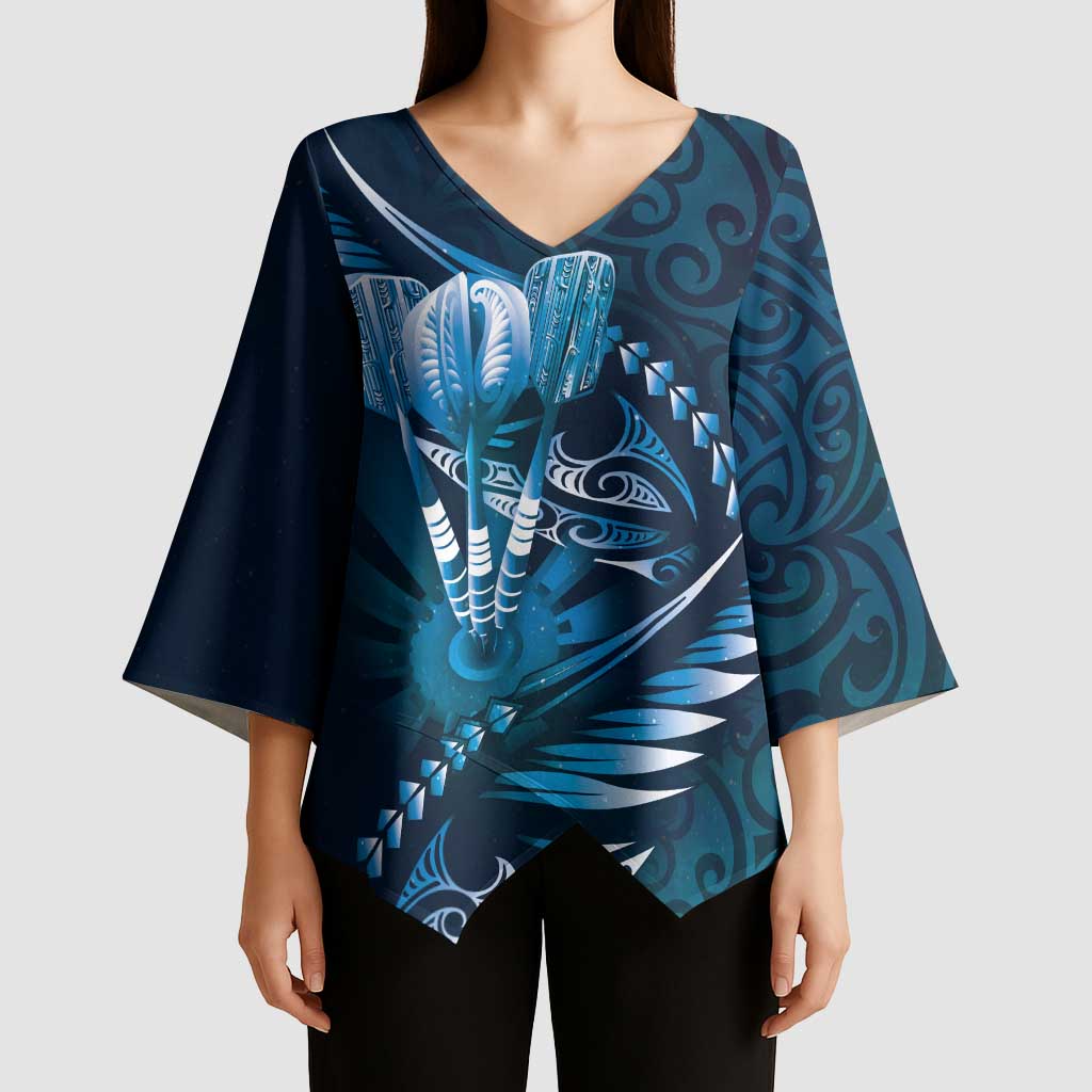 Personalised All Blue New Zealand Darts Kimono Sleeve Blouse Aoteroa Fern Maori Galaxy Style - Polynesian Pride