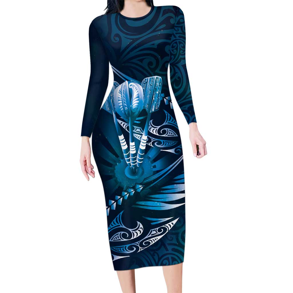 Personalised All Blue New Zealand Darts Long Sleeve Bodycon Dress Aoteroa Fern Maori Galaxy Style LT14 Long Dress Blue - Polynesian Pride