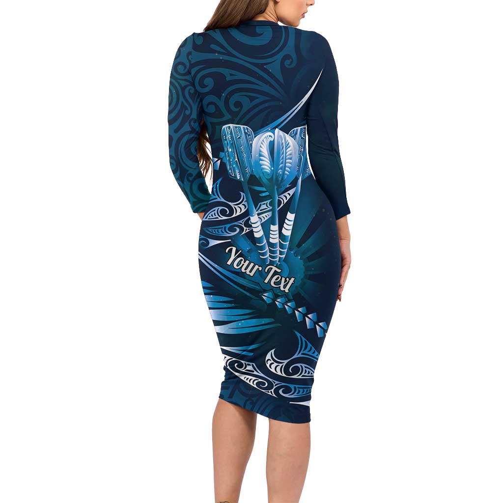 Personalised All Blue New Zealand Darts Long Sleeve Bodycon Dress Aoteroa Fern Maori Galaxy Style LT14 - Polynesian Pride