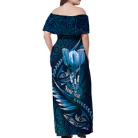 Personalised All Blue New Zealand Darts Off Shoulder Maxi Dress Aoteroa Fern Maori Galaxy Style LT14 - Polynesian Pride