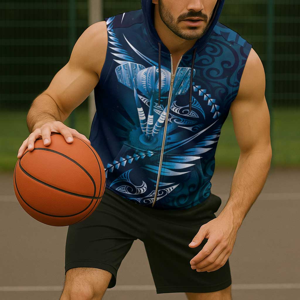 Personalised All Blue New Zealand Darts Sleeveless Zip Hoodie Aoteroa Fern Maori Galaxy Style - Polynesian Pride