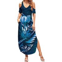 Personalised All Blue New Zealand Darts Summer Maxi Dress Aoteroa Fern Maori Galaxy Style LT14 Women Blue - Polynesian Pride