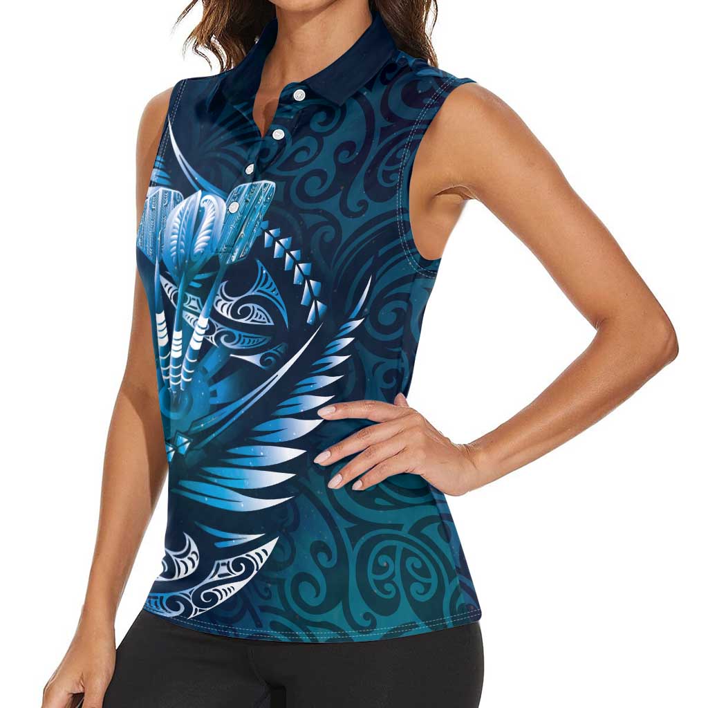 Personalised All Blue New Zealand Darts Women Sleeveless Polo Shirt Aoteroa Fern Maori Galaxy Style LT14 - Polynesian Pride