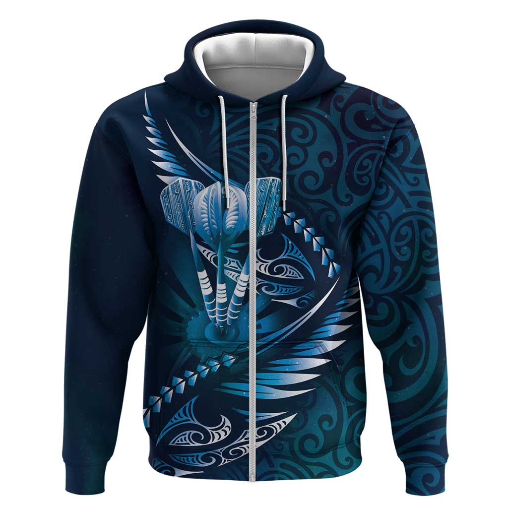 Personalised All Blue New Zealand Darts Zip Hoodie Aoteroa Fern Maori Galaxy Style LT14 Zip Hoodie Blue - Polynesian Pride