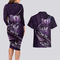 Personalised All Purple New Zealand Darts Couples Matching Long Sleeve Bodycon Dress and Hawaiian Shirt Aoteroa Fern Maori Galaxy Style LT14 - Polynesian Pride